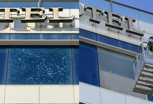 부산 한 호텔 유리창 파손 우려에 인도와 도로 통제