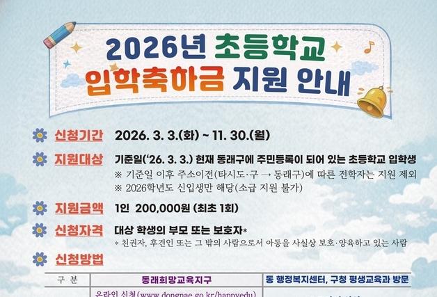 동래구, 초등학교 신입생에 입학축하금 20만원 지원